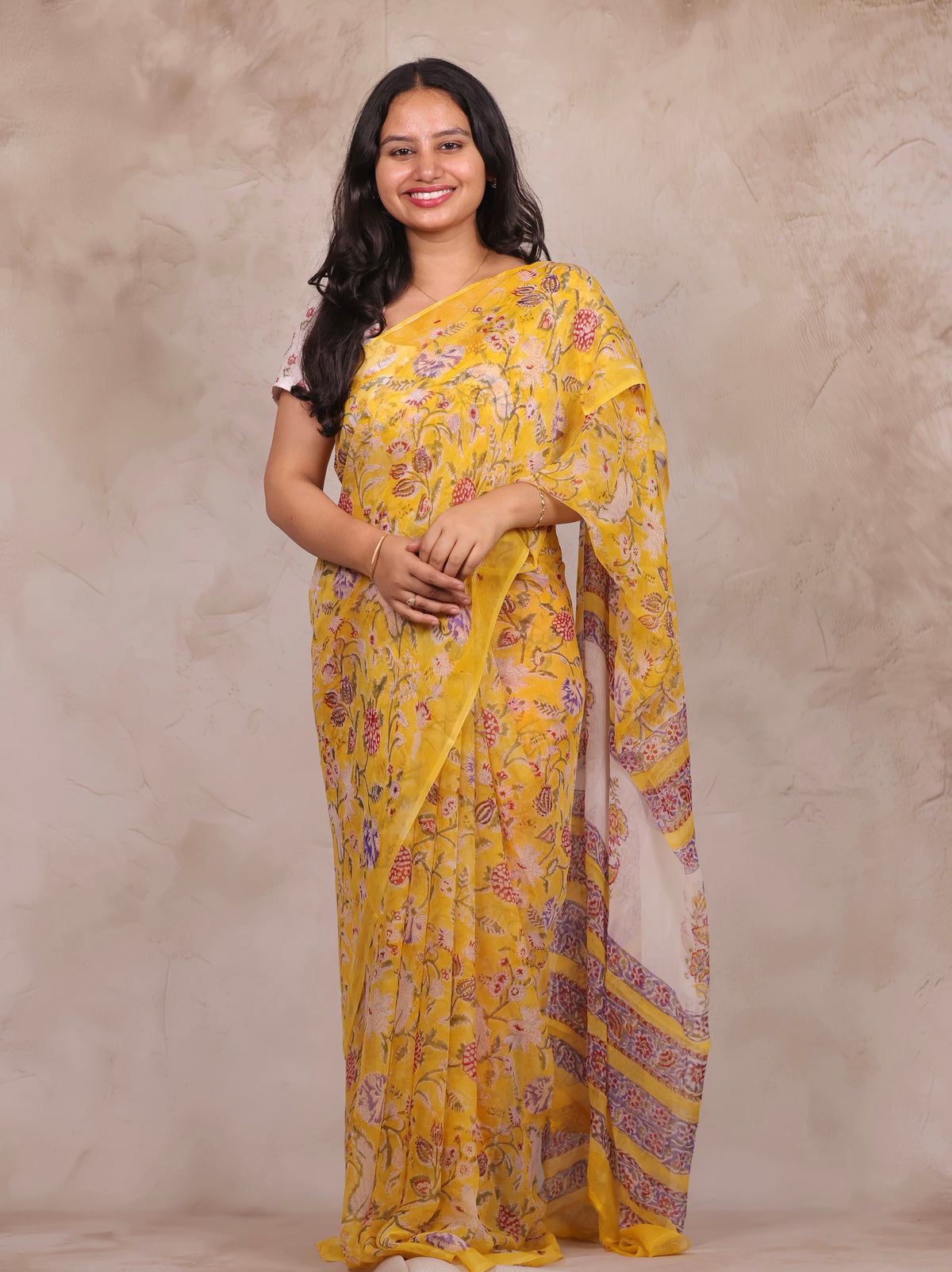Yellow Chiffon Hand Block Printed Saree | Looms & Tassels