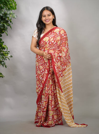 Maroon Georgette Hand Block Printed Saree| Looms & Tassels