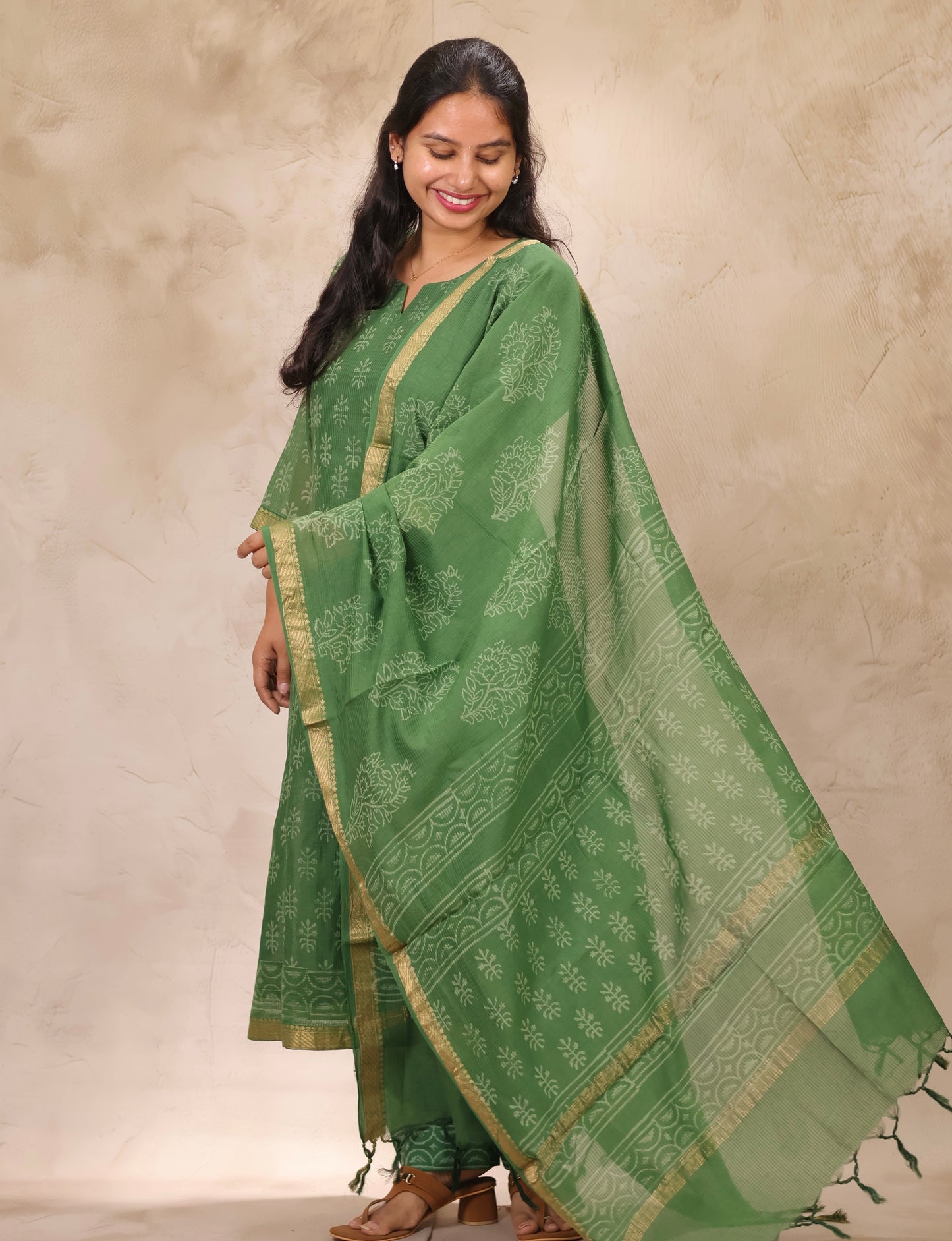 Green Handblock printed Pure Maheswari Silk 3 piece suit (stitched)