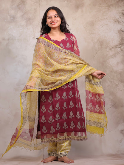 Handblock printed kota 3 piece suit (stitched)