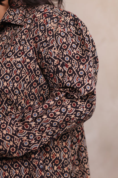 Black Ajrakh Handblock Printed Patch Work Shirt (Pure Cotton ) | Looms & Tassels