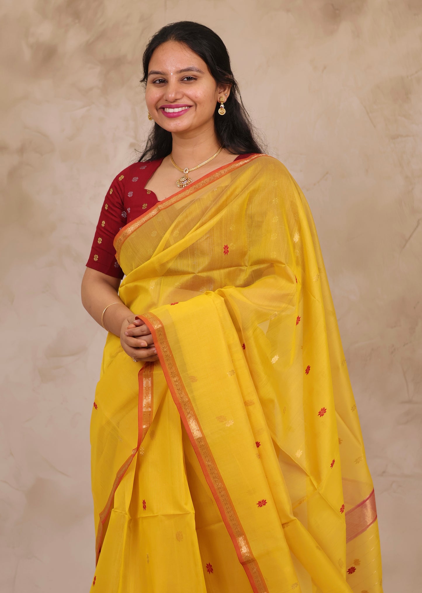 Yellow Handloom Maheswari Silk Cotton Sarees | Looms & Tassels