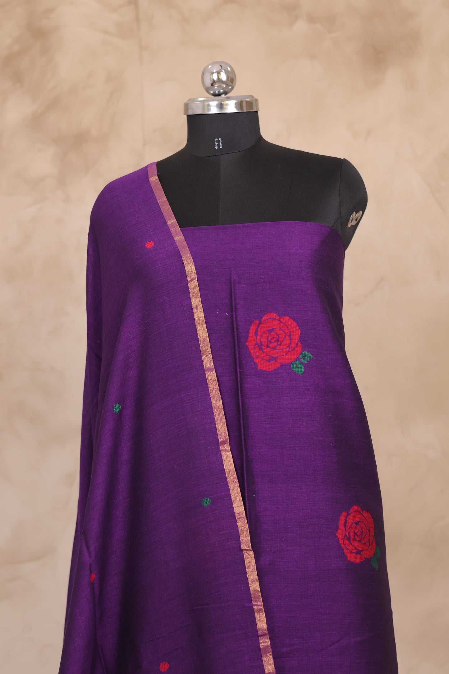 Violet Handwoven Jamdhani weaving pure Mercerised Malai cotton 2 piece suit sets | Looms & Tassels