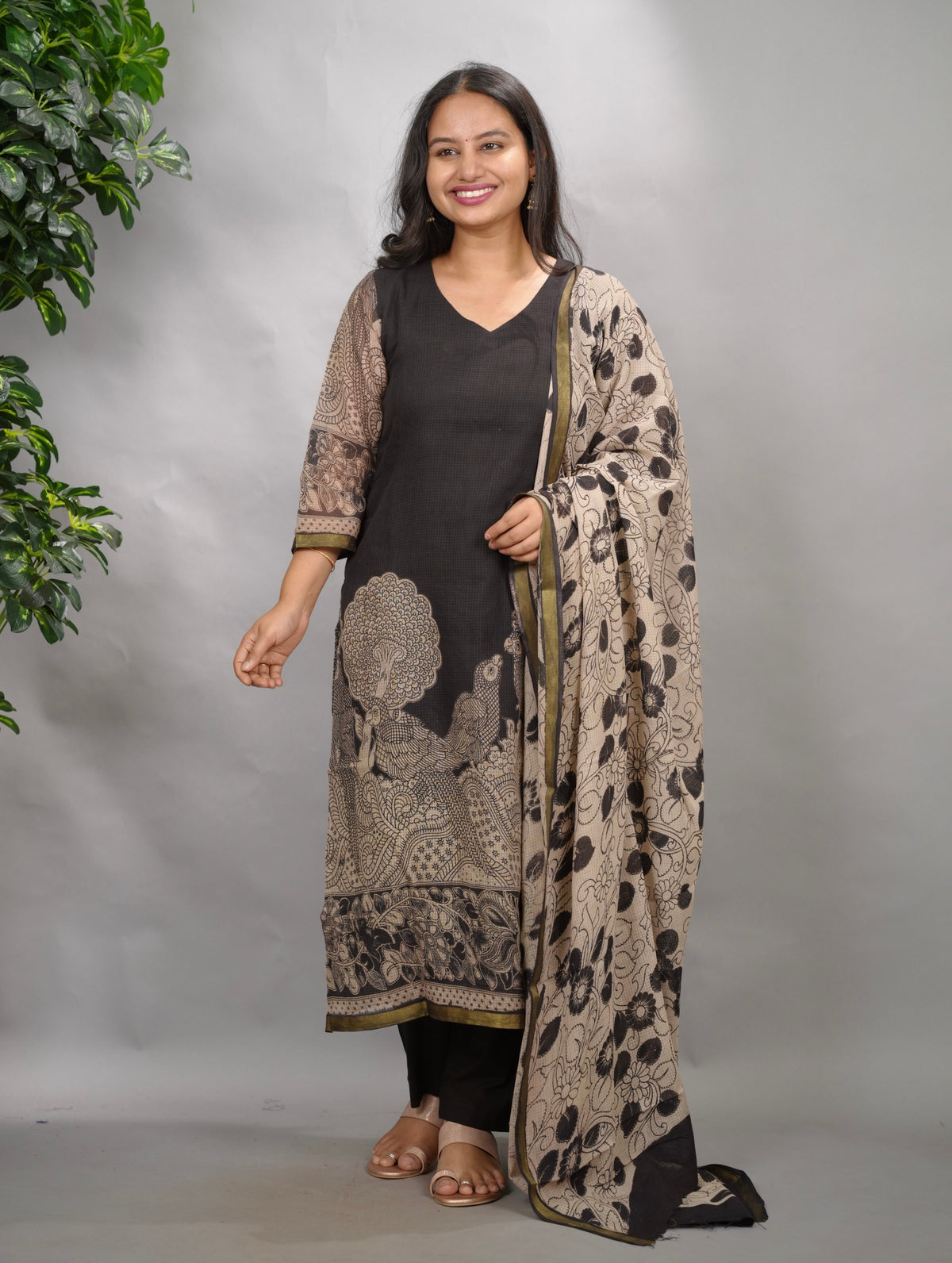 Black Kalamkari Kota Cotton 3 piece suit (stitched) | Looms & Tassels