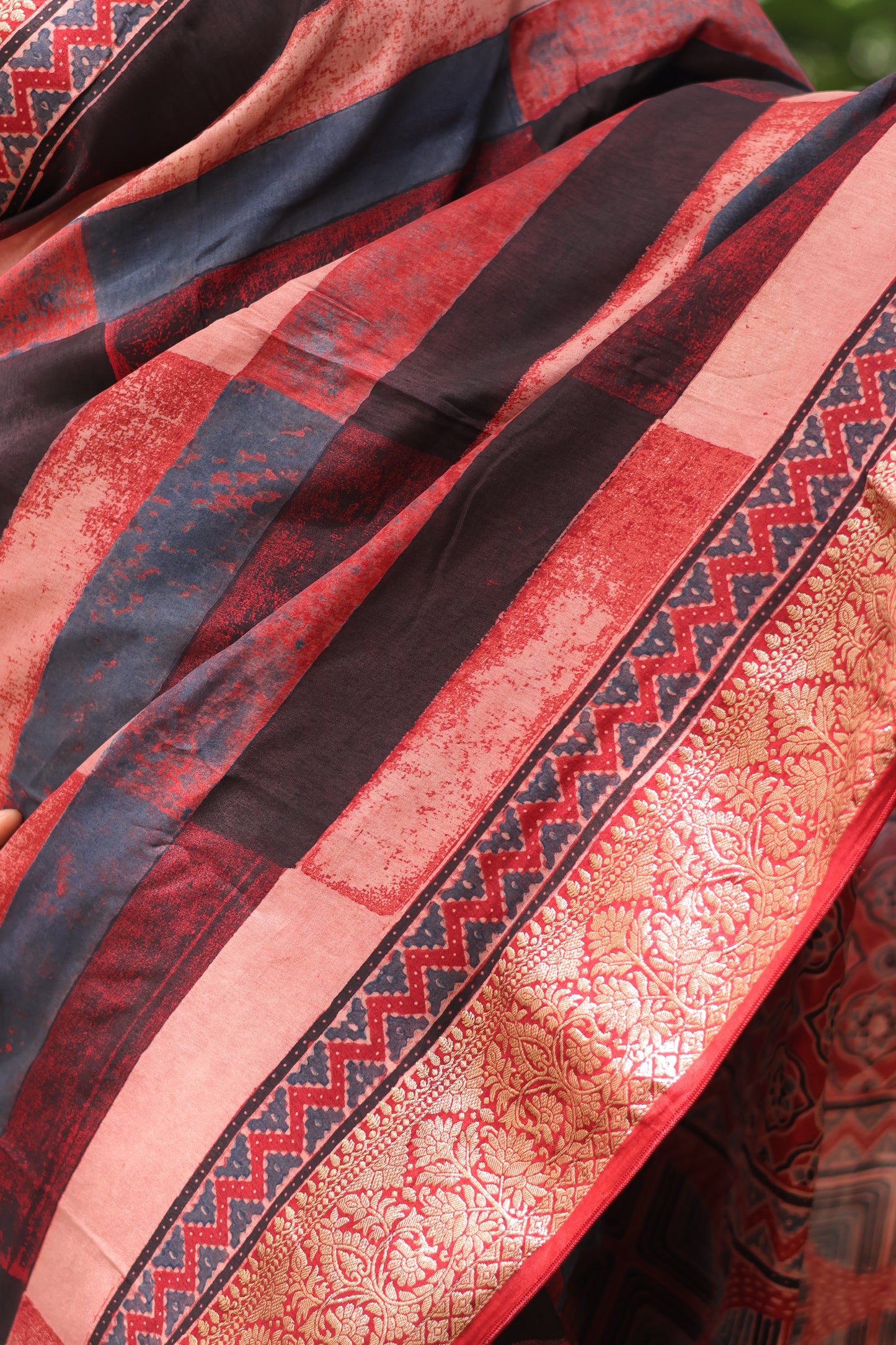 Stripes Contemporary Ajrakh Dola Silk Saree
