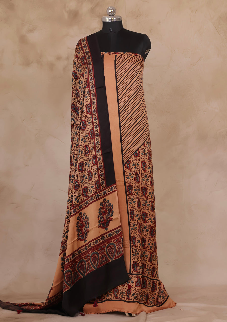 Cream Ajrakh Handblock Printed Modal Silk 2 Piece Suit Set | Looms & Tassels