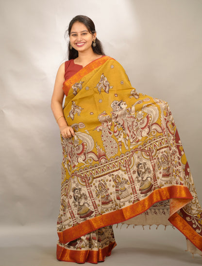 Mustard Kanchi border Kalamkari Chennur Silk Saree | Looms & Tassels