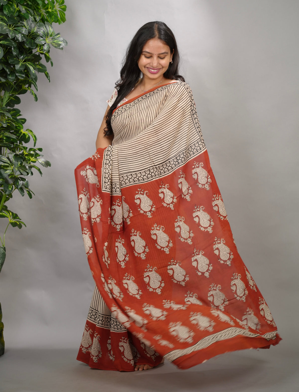 Stripes Contemporary Georgette Hand Block Printed Saree| Looms & Tassels