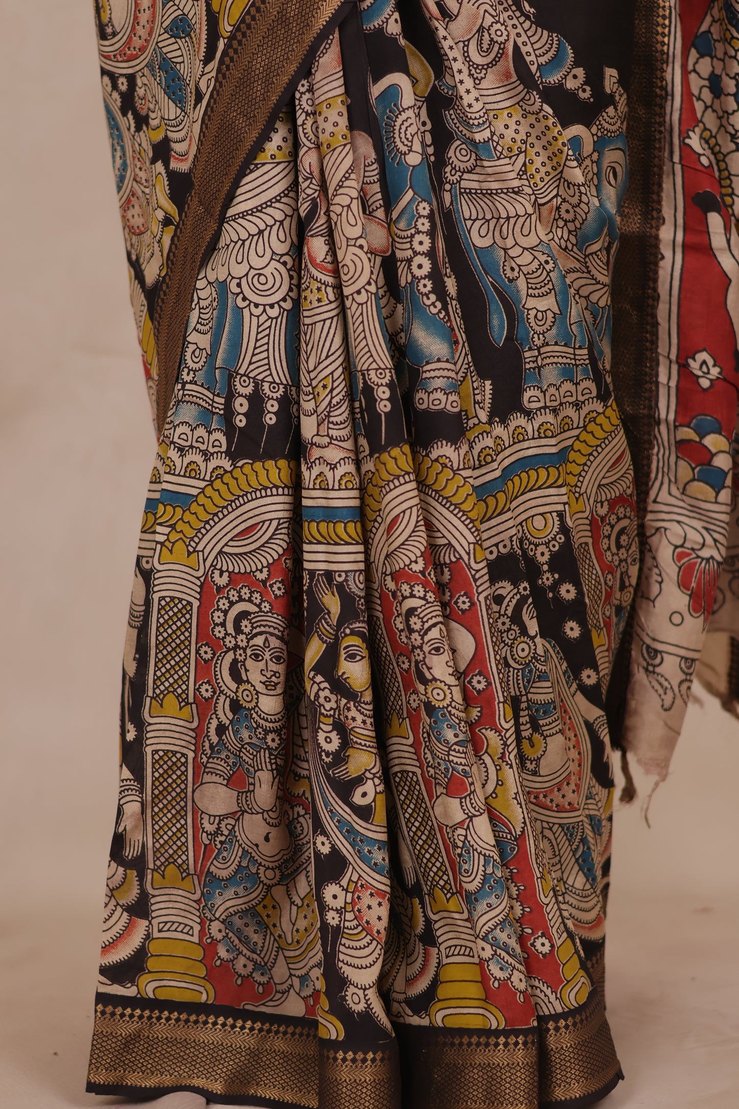 Black Story Telling Kalamkari Nizam Border Chennur Silk Saree | Looms & Tassels