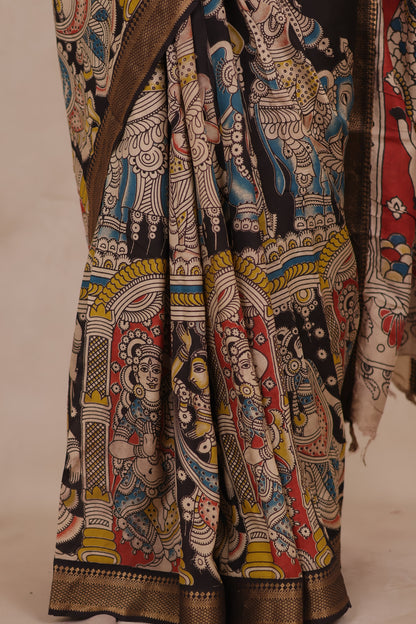 Black Story Telling Kalamkari Nizam Border Chennur Silk Saree | Looms & Tassels