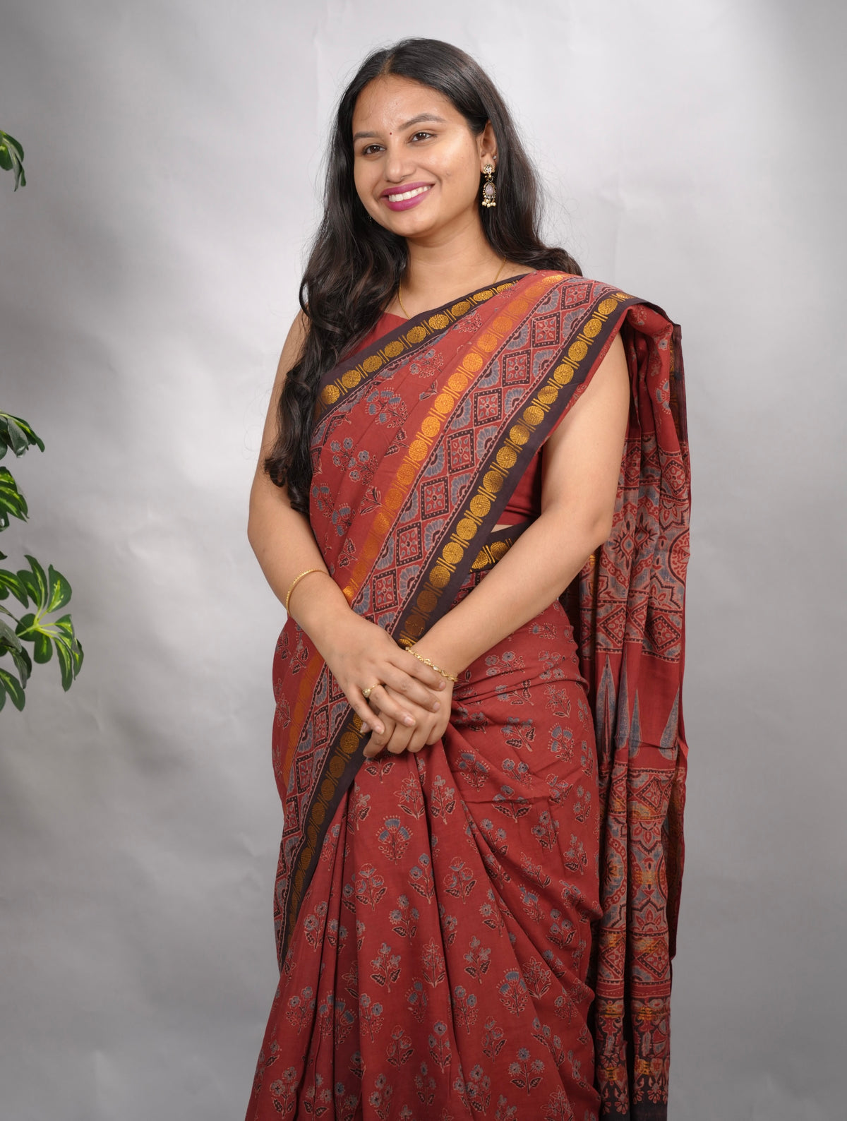 Maroon Ajrakh Hand Block Printed Sungudi Cotton Saree | Looms & Tassels