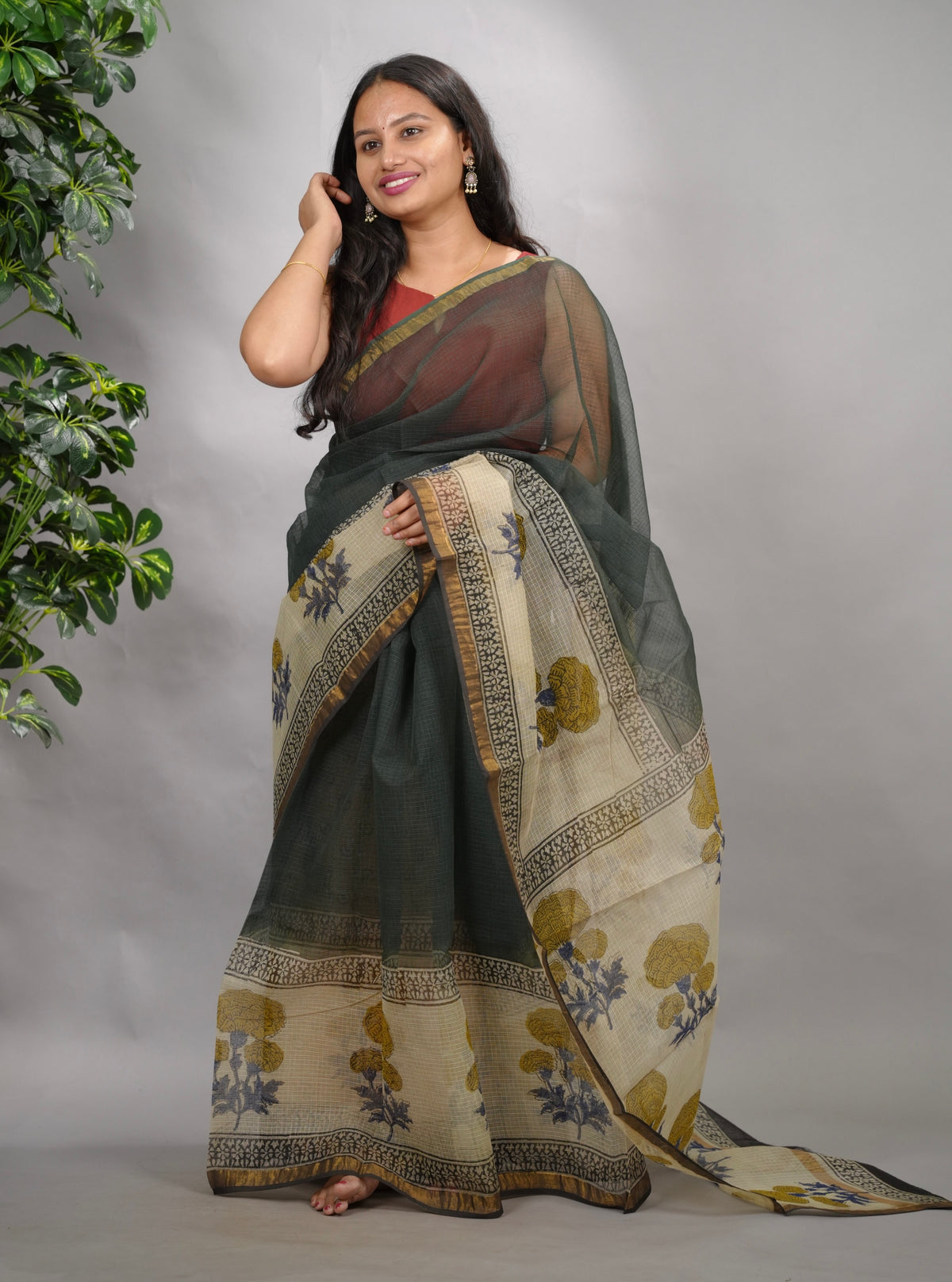 Green Pure Kota Doria Saree with Bagru Handblock Prints