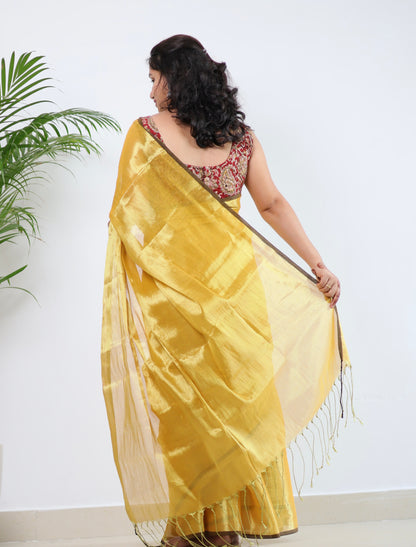 Yellow Tissue Mul Cotton Saree