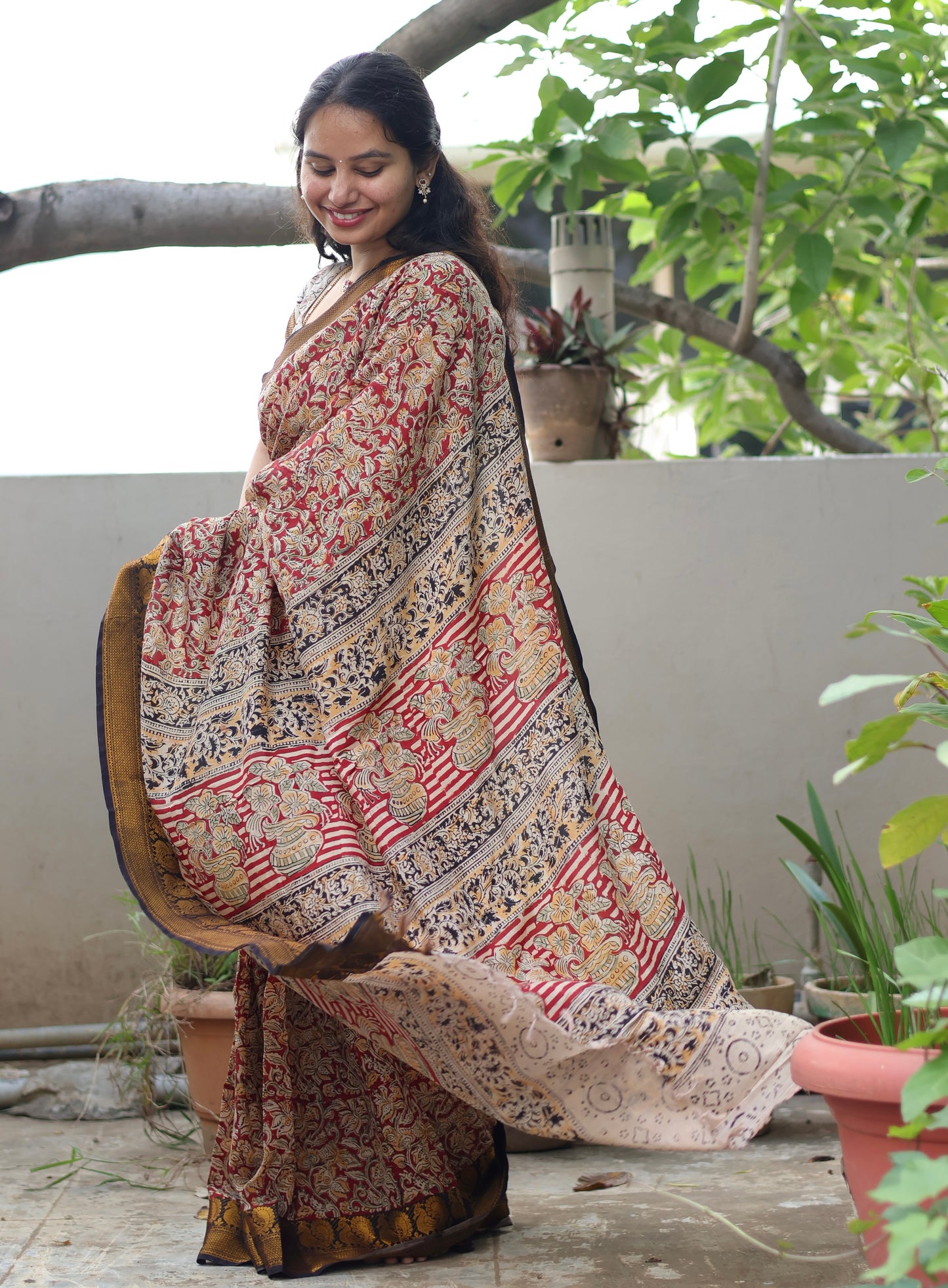 Red Hand Block Printed Kalamkari Kanchi Border Silk Sare