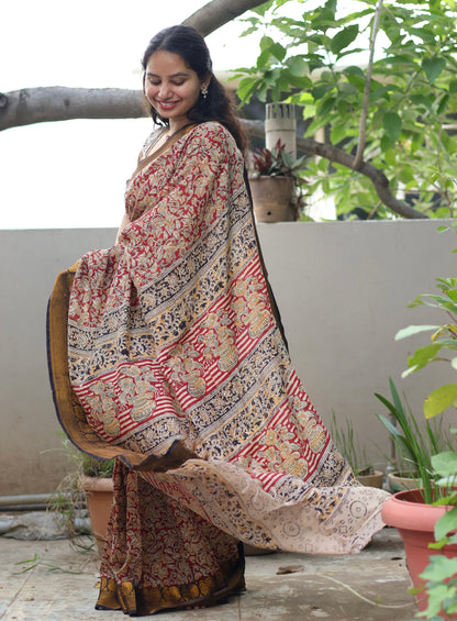Red Hand Block Printed Kalamkari Kanchi Border Silk Sare