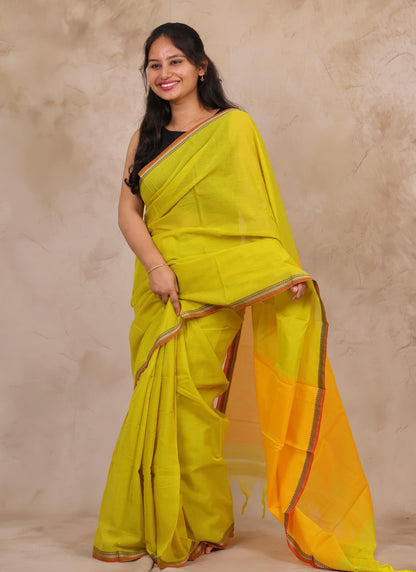 Lemon Yellow Narayanpet Cotton Saree | Looms & Tassels
