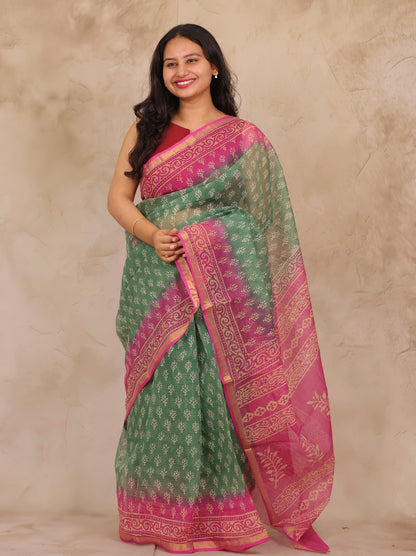 Green & Pink Pure Kota Doria Saree with Bagru Handblock Prints | Looms & Tassels