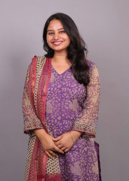 Lavender Handblock printed kota 3 piece suit (stitched)