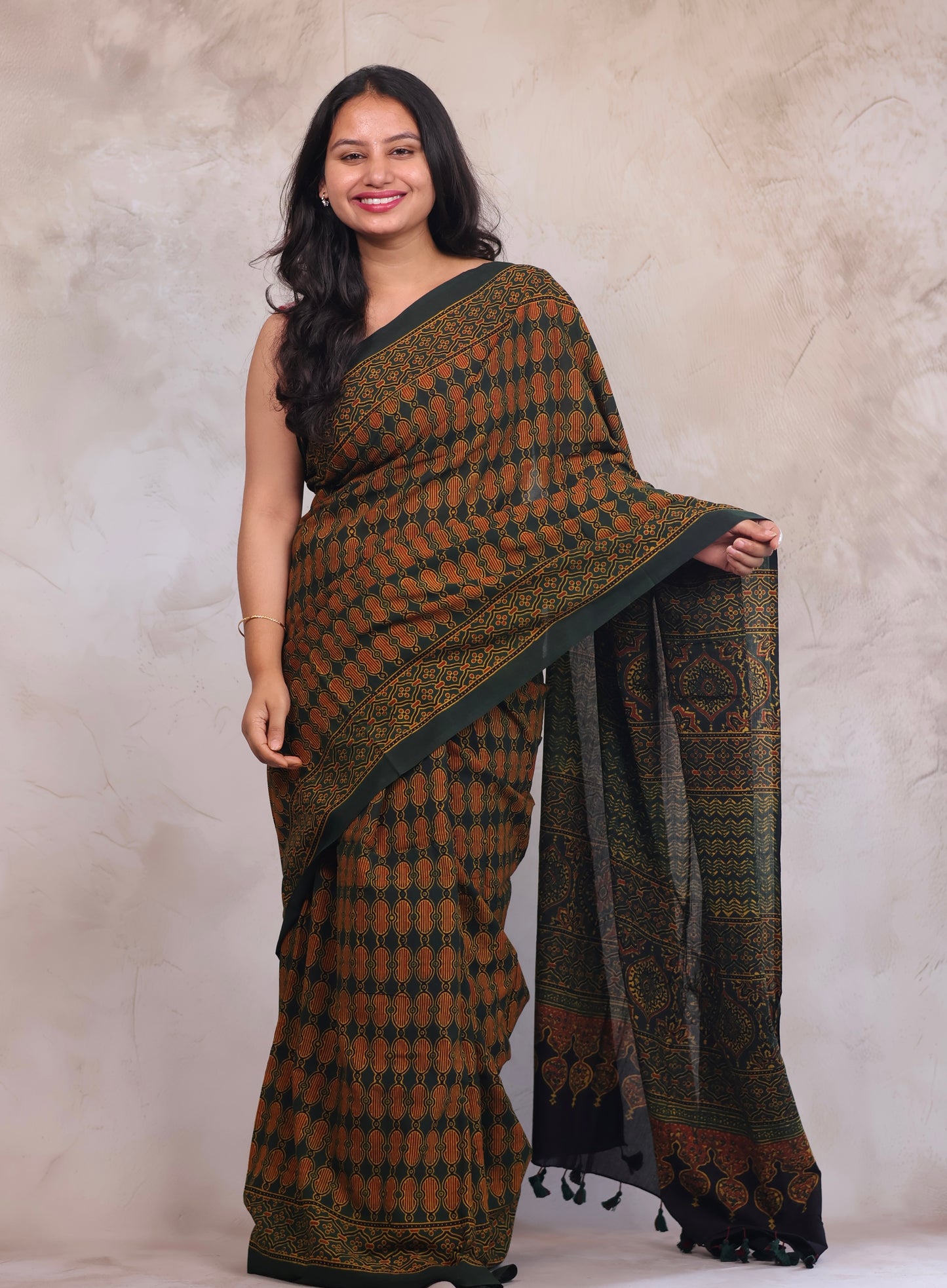 Green Ajrakh Hand Block Printed Mul Cotton Saree | Looms & Tassels