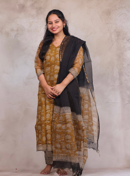 Mustard Handblock printed kota 3 piece suit (stitched)