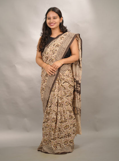 Cream Hand Block Printed Kalamkari Cotton Saree | Looms & Tassels