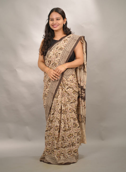 Cream Hand Block Printed Kalamkari Cotton Saree | Looms & Tassels