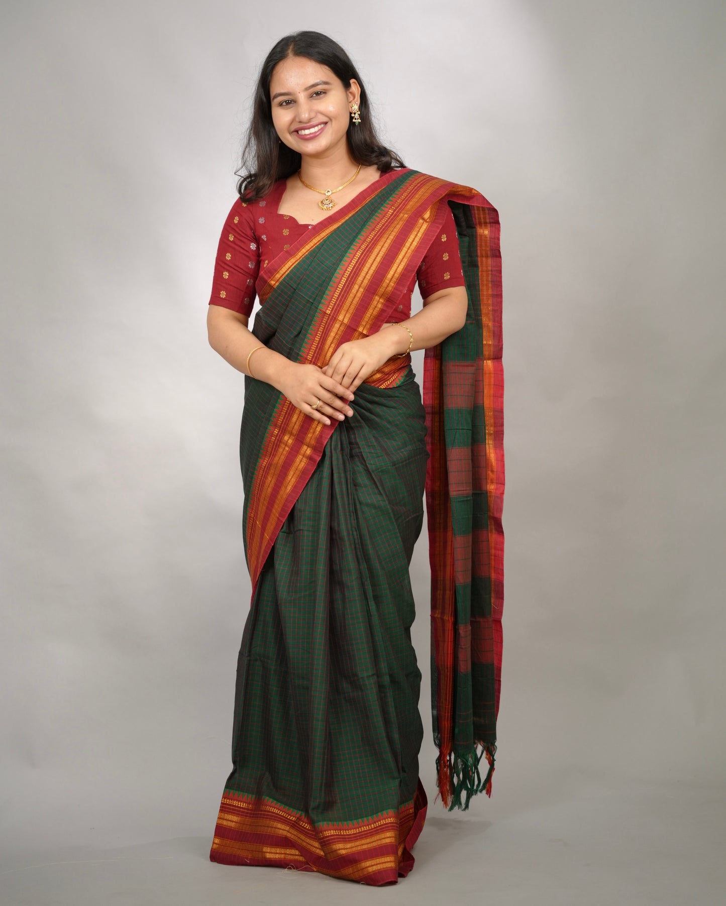 Bottle Green Checks Narayanpet Cotton Saree with Traditional contrast Border | Looms & Tassels
