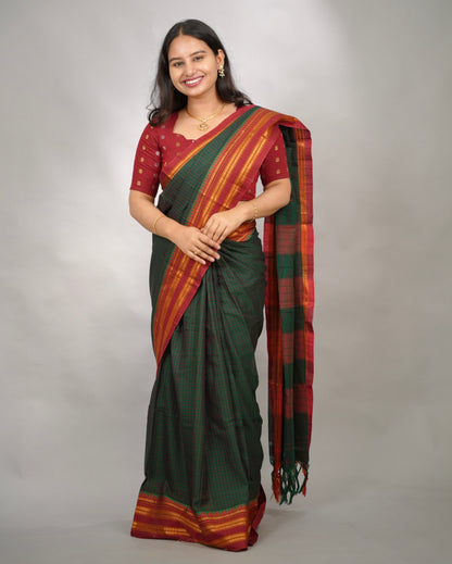 Bottle Green Checks Narayanpet Cotton Saree with Traditional contrast Border | Looms & Tassels