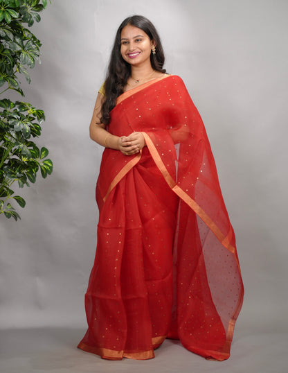 Red Handwoven Muslin Silk Saree With Sequence Work | Looms & Tassels