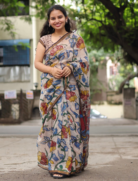 Lotus Kalamkari printed Kota Doriya Saree