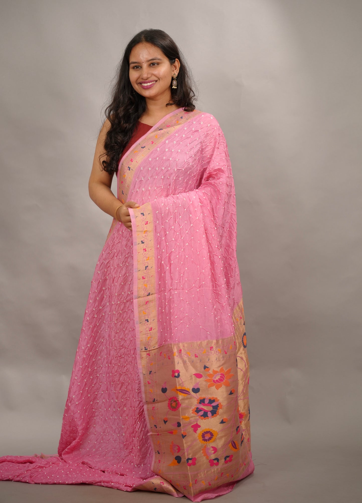 Pink Handcrafted Bandhani Paithani Dola Silk Saree | Looms & Tassels