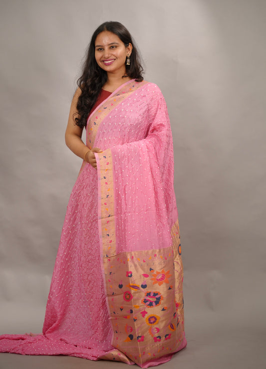 Pink Handcrafted Bandhani Paithani Dola Silk Saree | Looms & Tassels