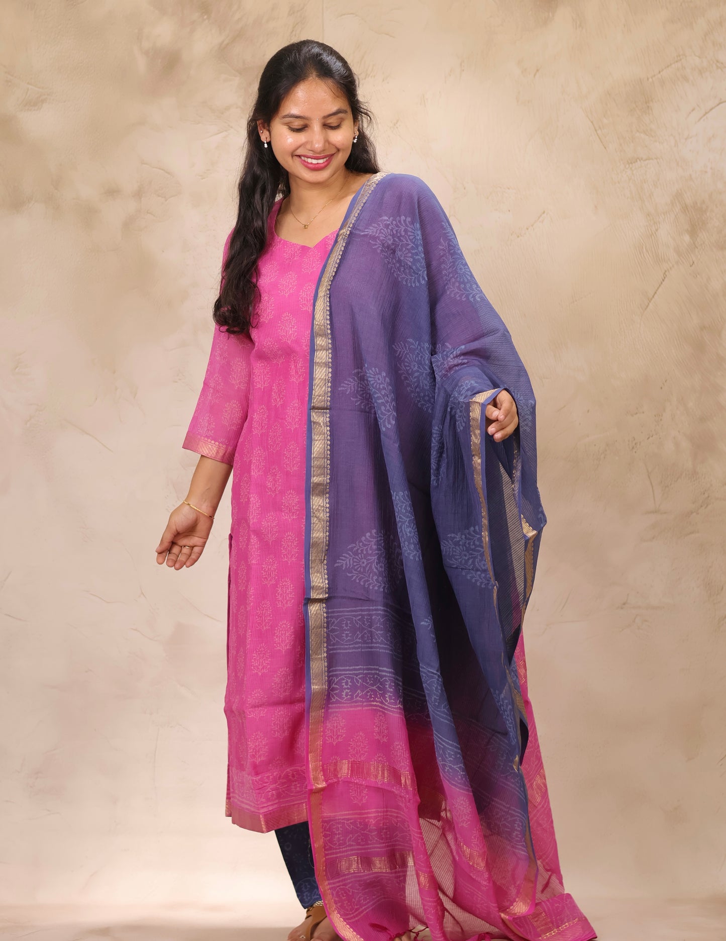Pink & Blue Handblock printed Pure Maheswari Silk 3 piece suit (stitched)