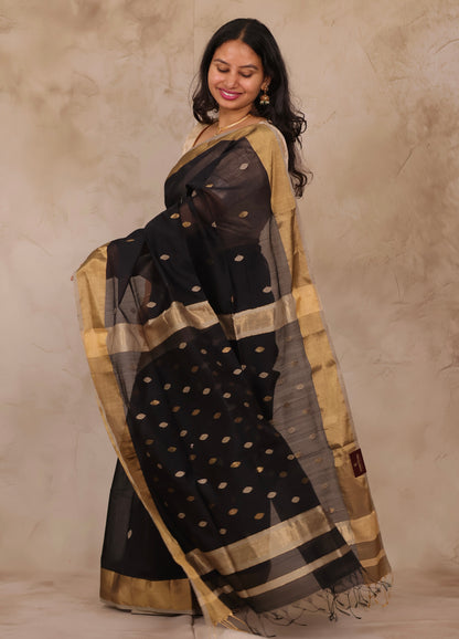 Black Handloom Maheswari Silk Cotton Sarees | Looms & Tassels