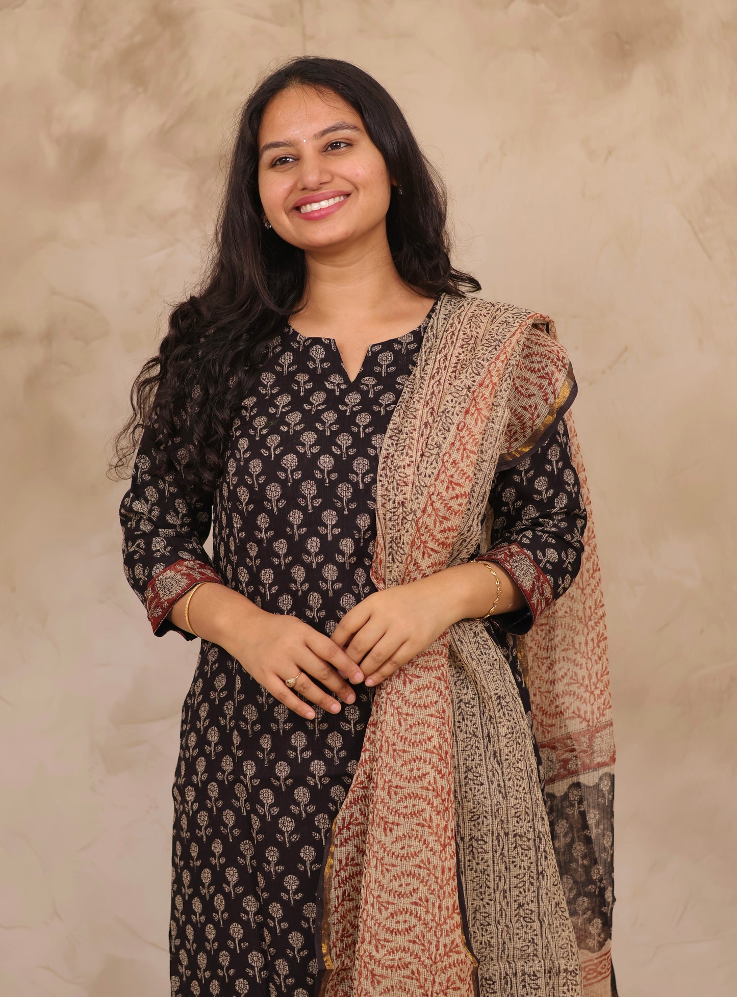 Black Handblock printed kota 3 piece suit (stitched)