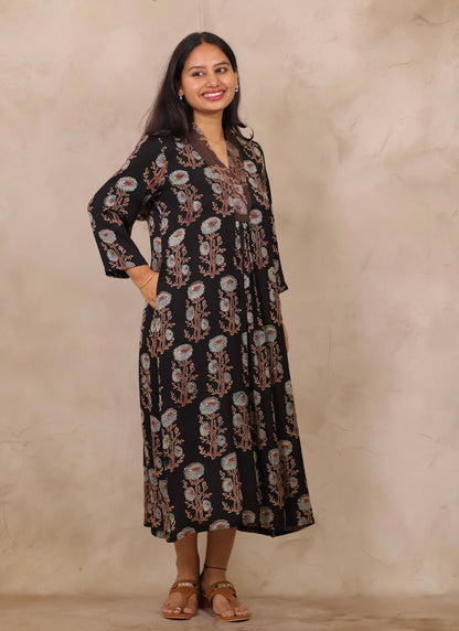Black Ajrakh Modal Silk Aline Dress | Looms & Tassels