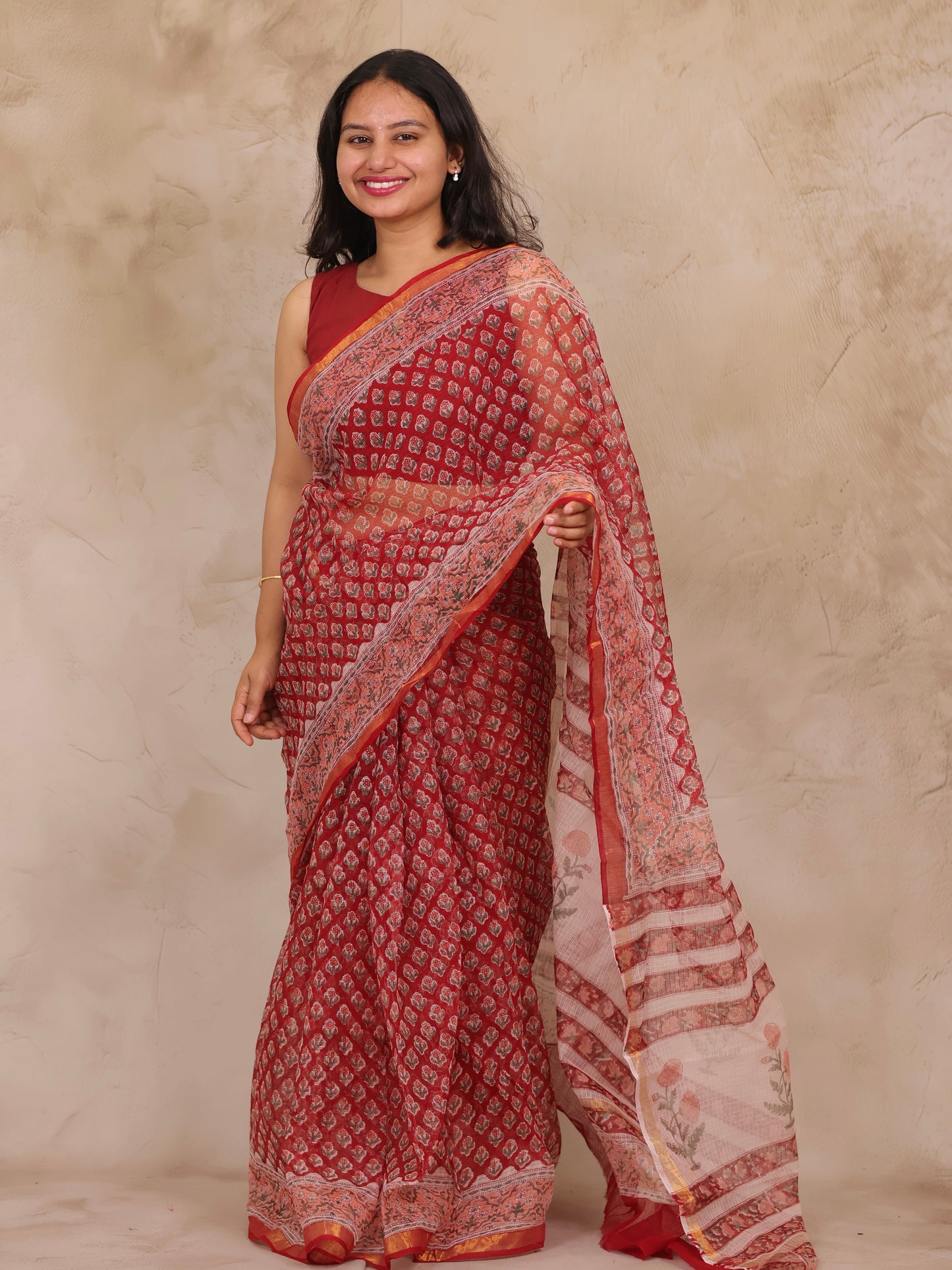 Red Pure Kota Doria Saree with Bagru Handblock Prints | Looms & Tassels