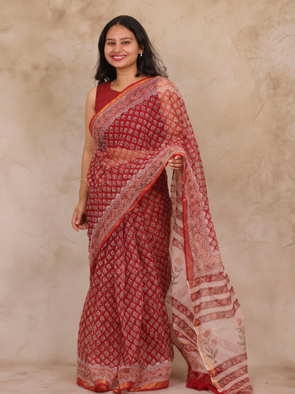 Red Pure Kota Doria Saree with Bagru Handblock Prints | Looms & Tassels