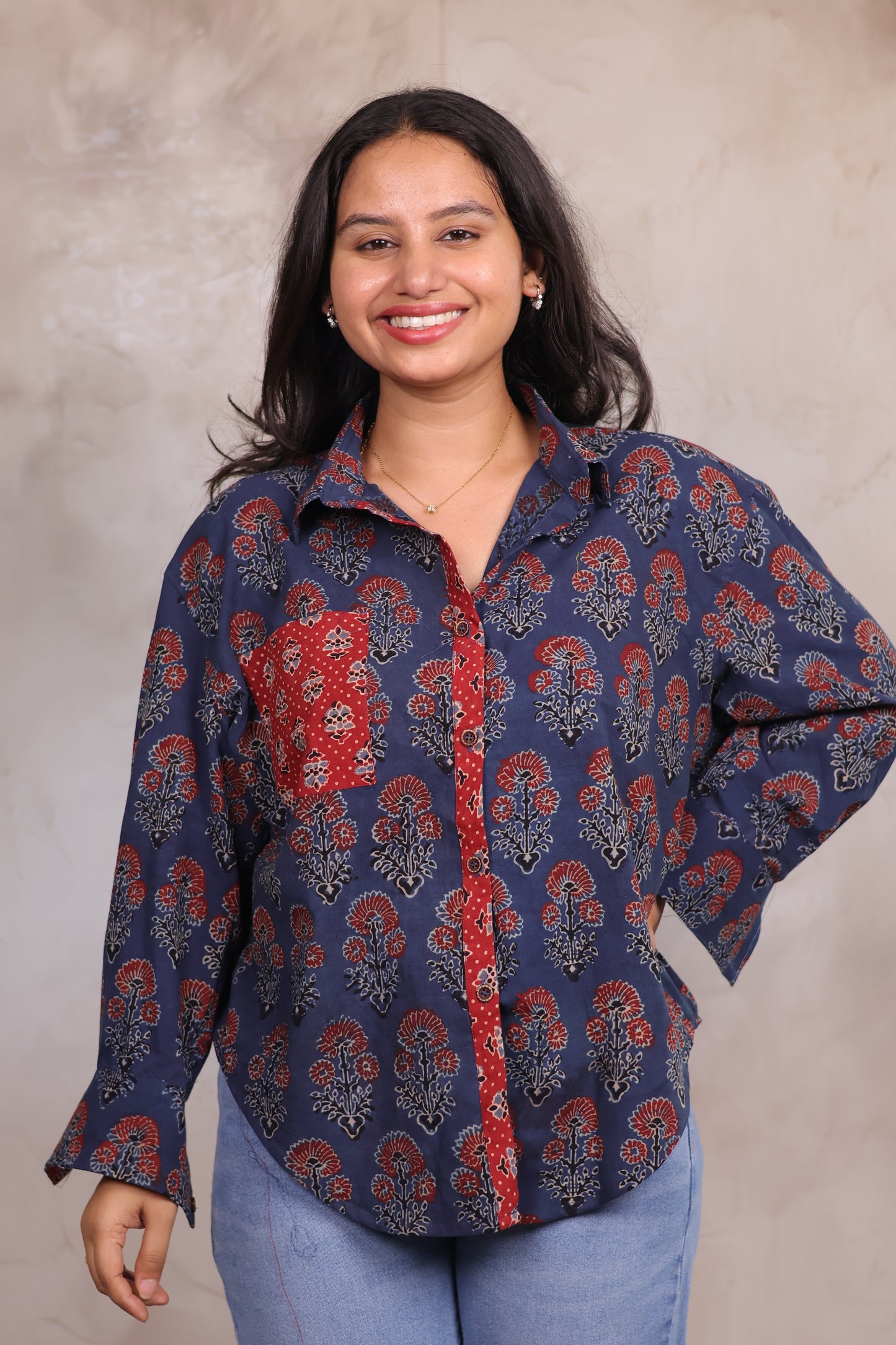 Indigo Ajrakh Handblock Printed Patch Work Shirt (Pure Cotton ) | Looms & Tassels