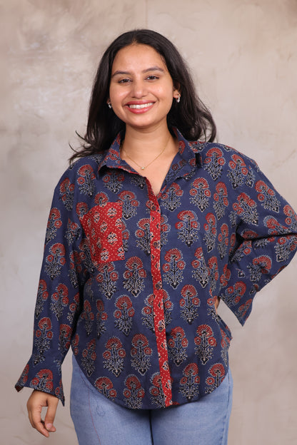 Indigo Ajrakh Handblock Printed Patch Work Shirt (Pure Cotton ) | Looms & Tassels