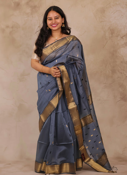 Grey Handloom Maheswari Silk Cotton Sarees | Looms & Tassels