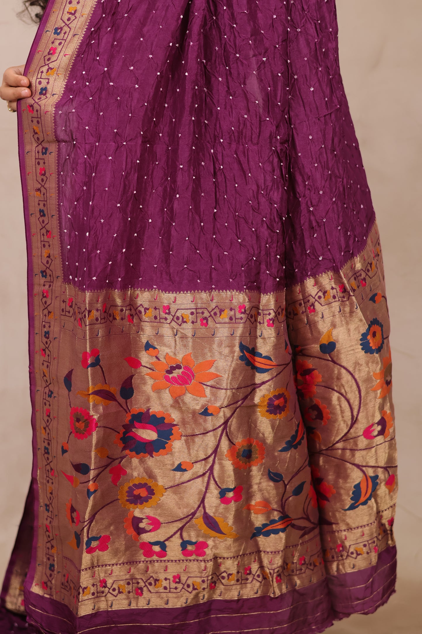 Magenta Handcrafted Bandhani Paithani Dola Silk Saree | Looms & Tassels