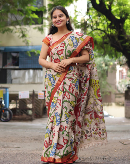 Lotus Kalamkari Nizam Border Silk Saree
