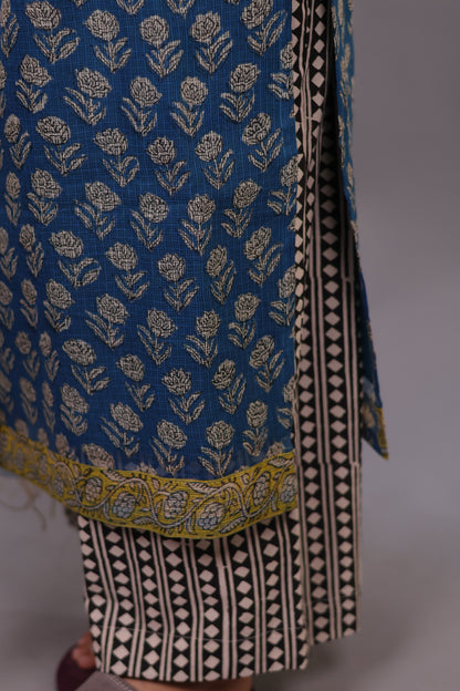 Cyan Blue Handblock printed kota 3 piece suit with chudi sleeves (stitched)