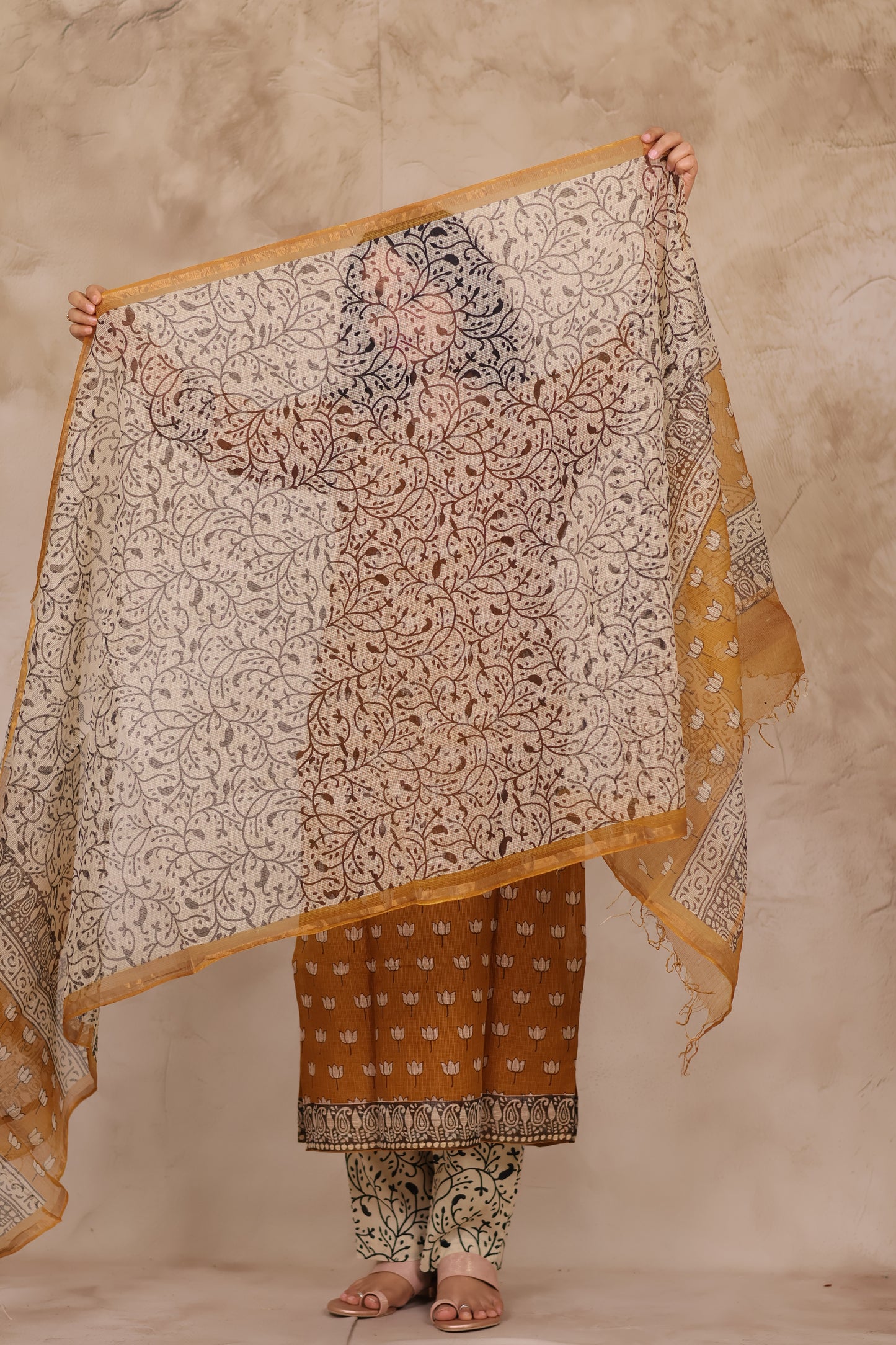 Mustard Handblock printed kota 3 piece suit (stitched)