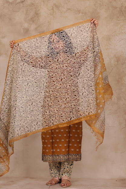 Mustard Handblock printed kota 3 piece suit (stitched)