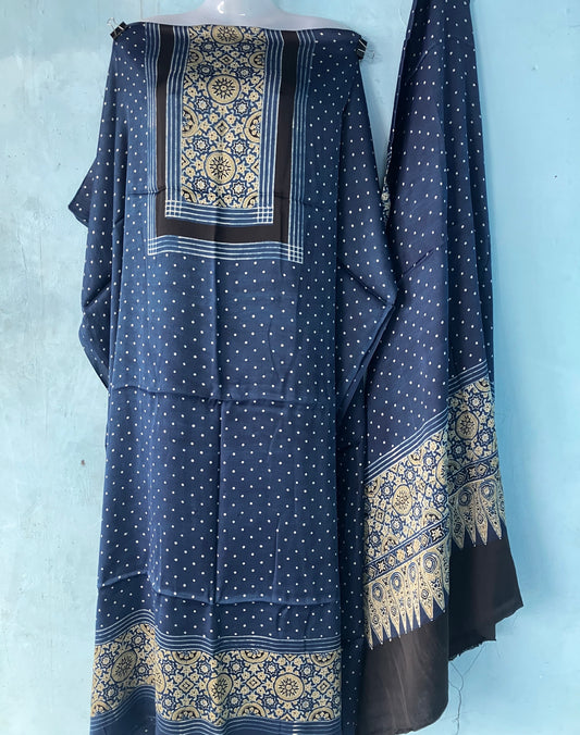 Indigo Dotted Ajrakh Handblock Printed Modal Silk 2 Piece Suit Set