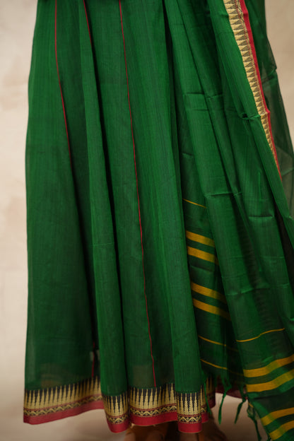 Green Narayanpet Cotton Anarkali Dress with Narayanpet Dupatta | Looms & Tassels