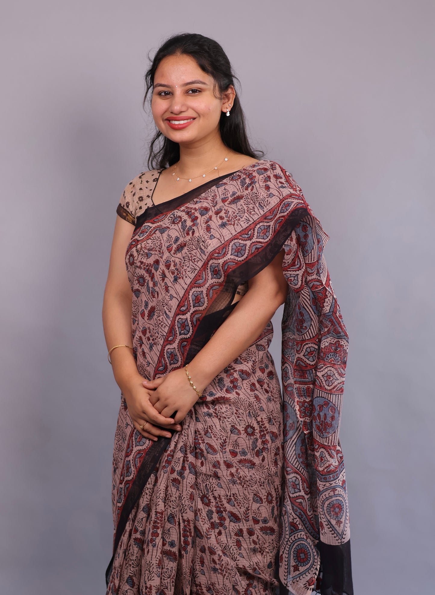 Cream Ajrakh Hand Block Printed Kota Doria Saree | Looms & Tassels