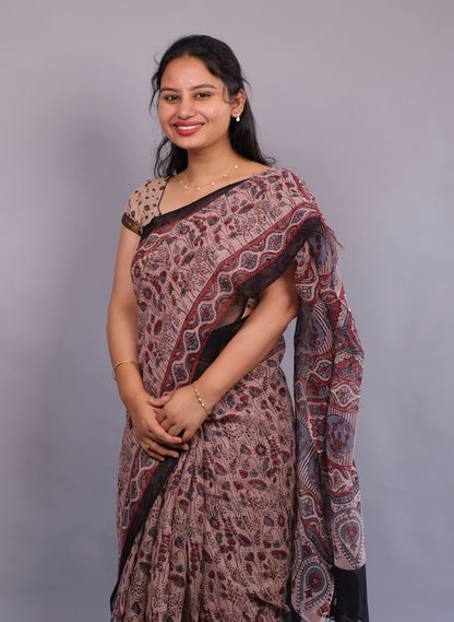 Cream Ajrakh Hand Block Printed Kota Doria Saree | Looms & Tassels